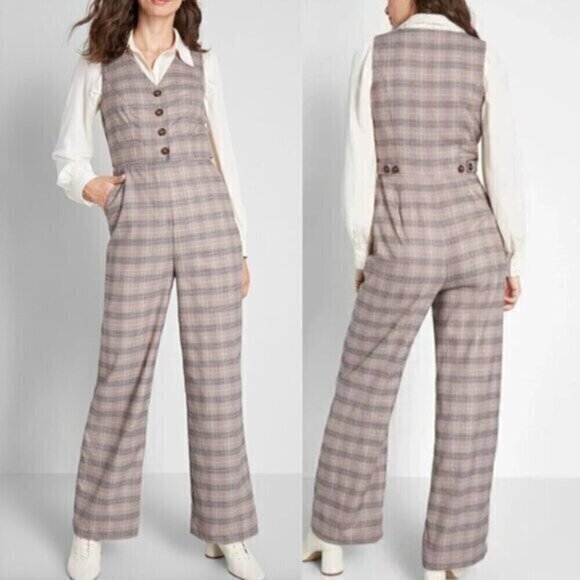 NEW NWT MODCLOTH Plaid Appeal Vest Jumpsuit Tan Brown Blue Sleeveless Retro 70s - Picture 1 of 16